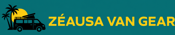 ZÉAUSA VAN GEAR campervan logo with palm trees and sunset